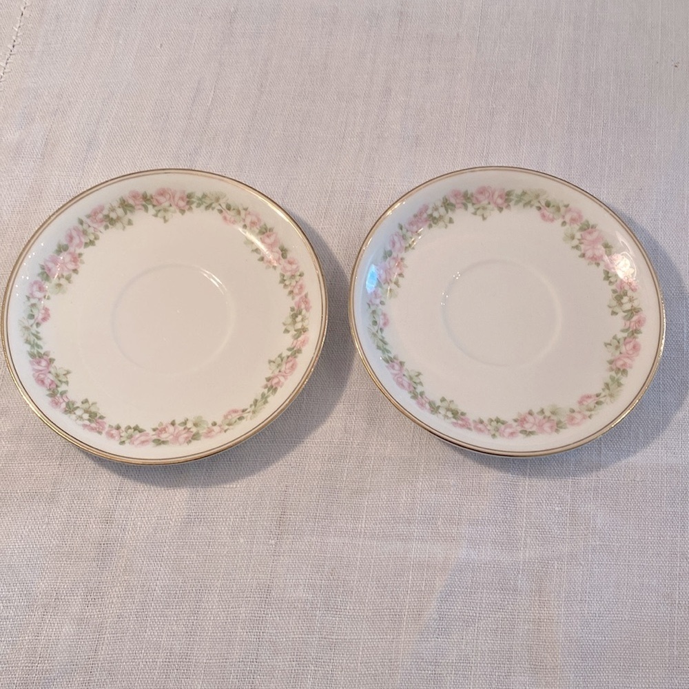 2 vintage saucers for teacup - Pope & Gosser China pink & green flowers USA